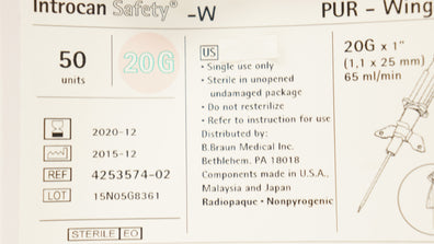 Braun 4253574-02 Introcan Safety IV Cath. PUR-Winged 20G x 1 inch, 65ml/min (x)